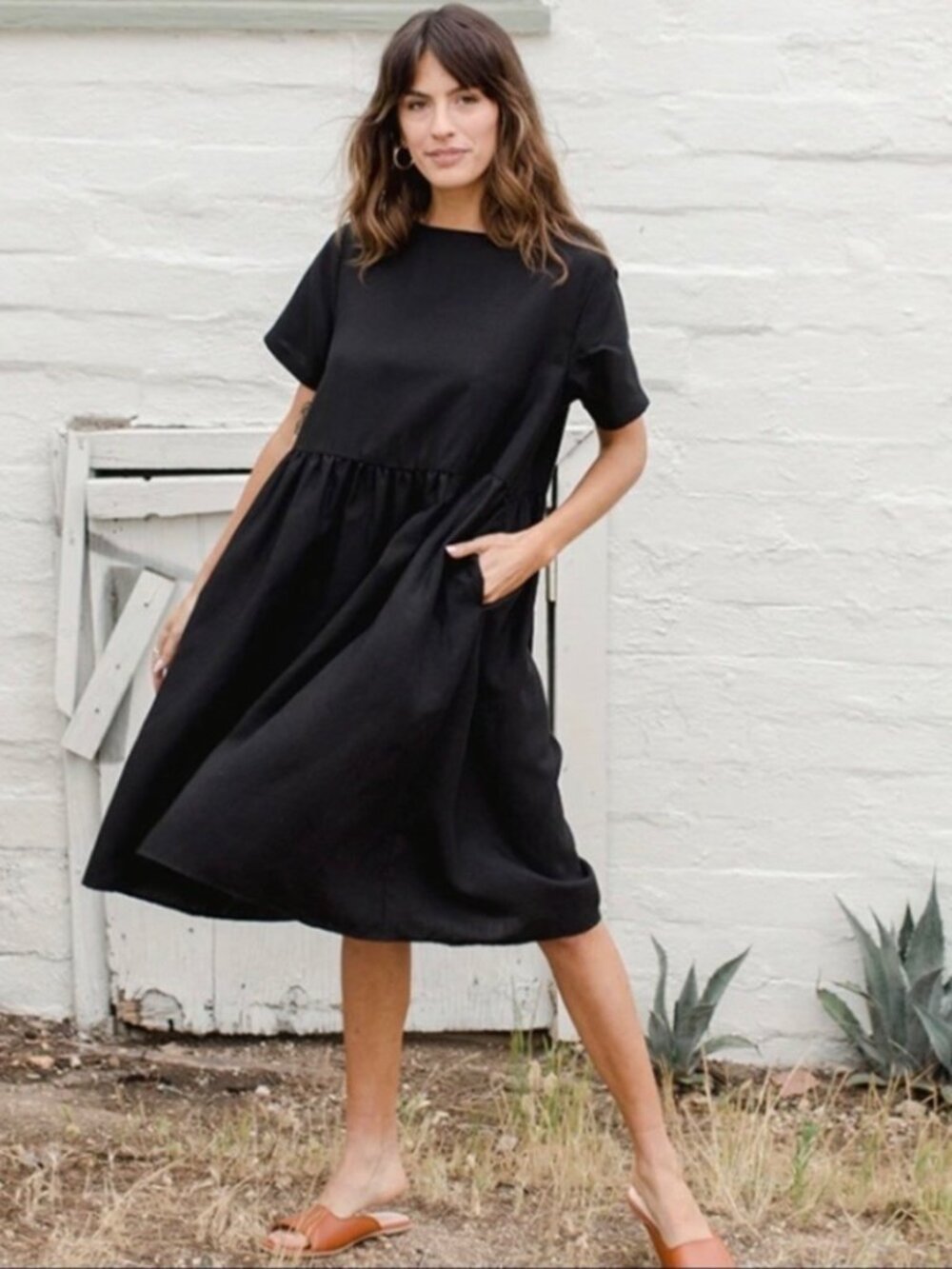 Tradlands Nico Dress Size Small Black Linen Blend Pocket Coastal Grandma Cottage